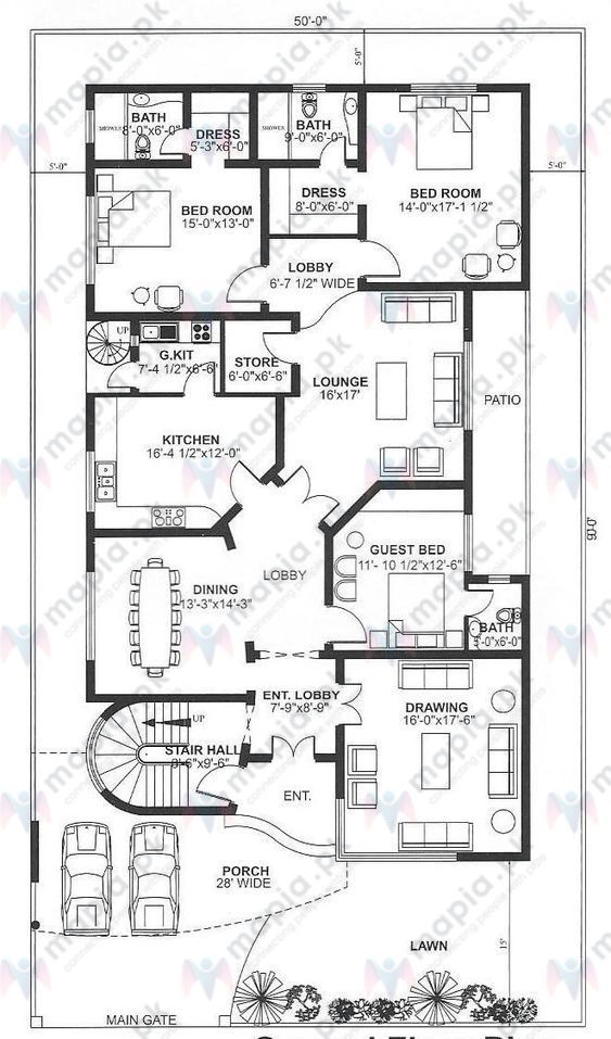 the ground plan for a house with three bedroom and an attached kitchen area, which is also