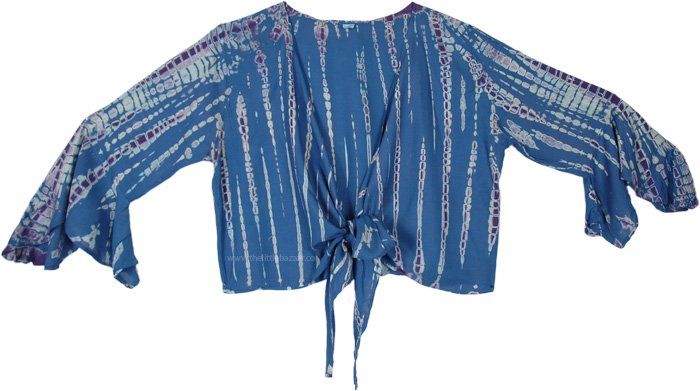 Stay stylish and trendy with Blue Tie Dye Top featuring a unique front tie and fluttery butterfly sleeve ends.  Made from rayon fabric, this top offers both comfort and fashion-forward design. #tlb #TieDye #bohemianfashion #BohoTunic #TieDyeTop Tied V-neck Tops For Vacation, Casual Vacation Tops With Tied Detail, Casual Tied Tops For Vacation, Casual Tied Tops For Summer, Casual Beach Tops With Tied Details, Casual Tied Tops For Beach, Spring Vacation Tied Top, Tied Tops For Spring Vacation, Casual Summer Blouse With Tie Waist