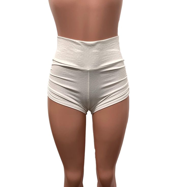 Sexier and more flattering! Our classic booty shorts made in white embossed mandala (textured) spandex with ruching on each side. Made to flatter your figure and move with you. The standard inseam is 2.5" - but can be customized. Choose between low-rise, mid-rise and high-waist (high-waist shown in photos). Please note - white fabrics are always a little sheer. White High Stretch Bottoms With Contoured Waistband, White Fitted Bottoms With Contoured Waistband, Fitted White Bottoms With Contoured Waistband, High-waisted Yoga Shorts With Wide Waistband, High-waist Yoga Athletic Shorts With Wide Waistband, High Stretch Yoga Shorts With Wide Waistband, High Waist Athletic Shorts For Yoga With Wide Waistband, Sculpting Yoga Bottoms With Contoured Waistband, Fitted White Athletic Shorts