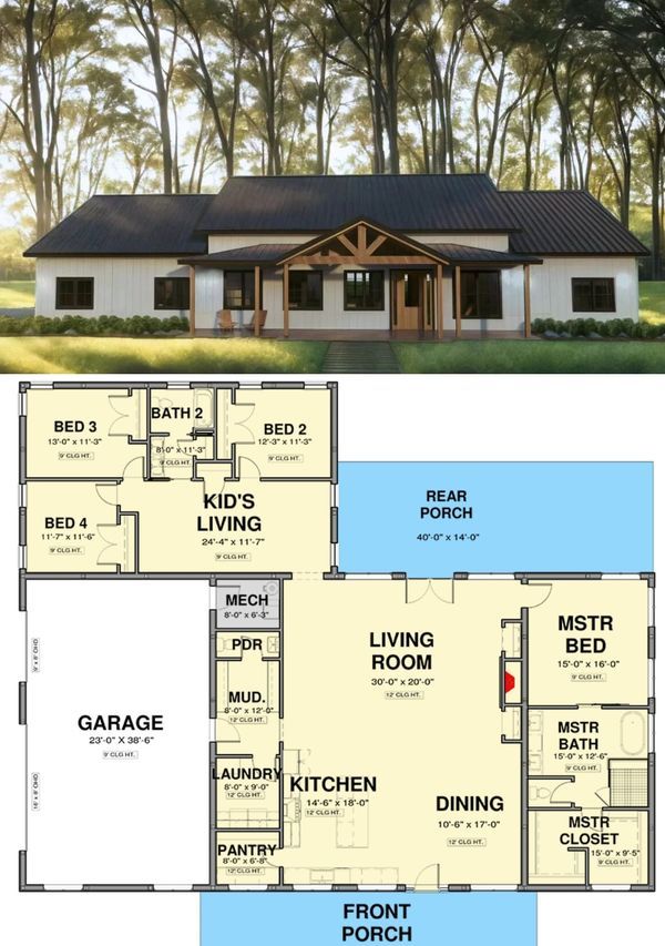 two story house plans with garage and living room in the middle, one bedroom on each floor