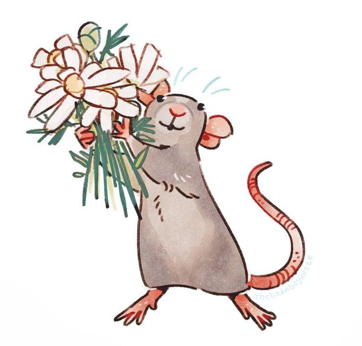 a drawing of a rat with flowers in it's mouth