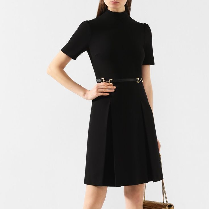 In The Cruise Collection, Alessandro Michele Included His Version Of The Little Black Dress. Emphasizing The Waist With A Slim Leather Belt Is The Guccio Gucci-Founded Label's Iconic Horsebit Gold Buckles (This Stirrup Decoration First Appeared In The 1950s). Gucci Black Viscose Dress With Horsebit Belt Wide Counter Pleats At Hem Short Sleeves Slim Leather Belt Horsebit Gold Buckles Made Of Soft Elastic Viscose Elastane (Polyurethane): 8%; Viscose: 75%; Polyamide: 17%; Size Xxs Product Number 59 Horsebit Belt, Pink Tunic Dress, Gucci Dresses, Silk Tank Dress, White Silk Dress, Belt Wide, Purple Lace Dress, Gucci Dress, The Little Black Dress