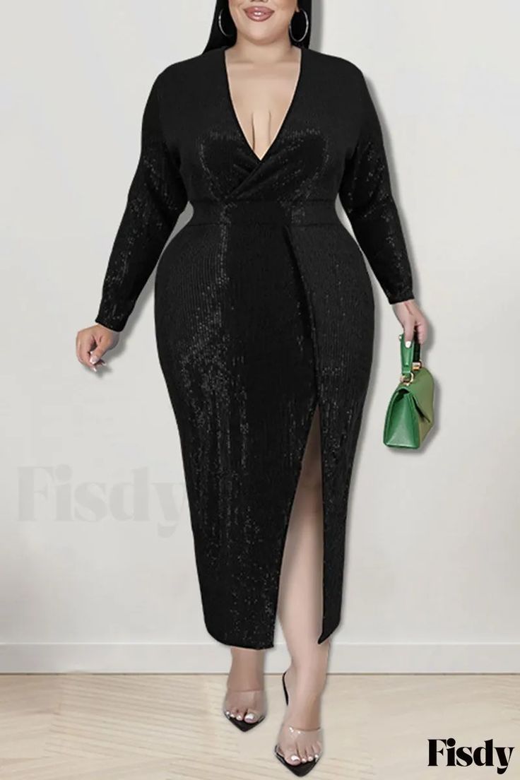 Fisdy - Elegante negro sólido lentejuelas patchwork realzado V-cuello más tamaño vestido con diseño de abertura seductora Designer Evening Gowns, Ankle Length Dress, Elegant Dresses For Women, Green Sequins, Stylish Plus, Wholesale Dress, Patchwork Dress, Plus Size Dress, Black Sequins