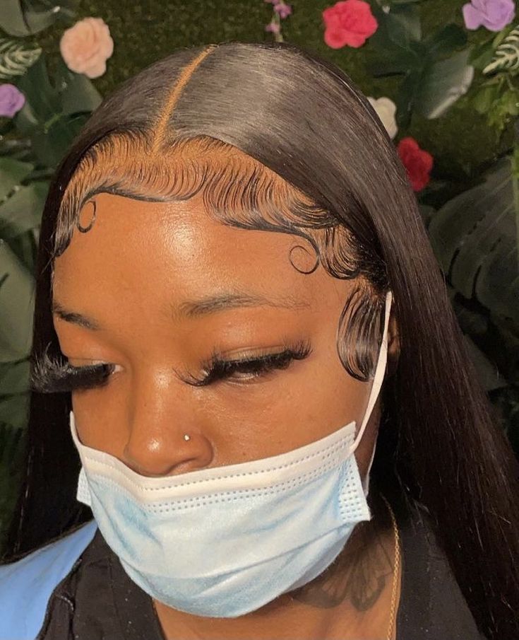 Black Hair Lace Front Wigs, Curly Edges Hairstyles, Baddie Edges Ideas, Swirl Edges Hair, Middle Part Buss Down Dramatic Edges, Flat Twist On Wig, Frontal Edges Side Part, Babyhairs Edges Wig, Edge Designs Hair