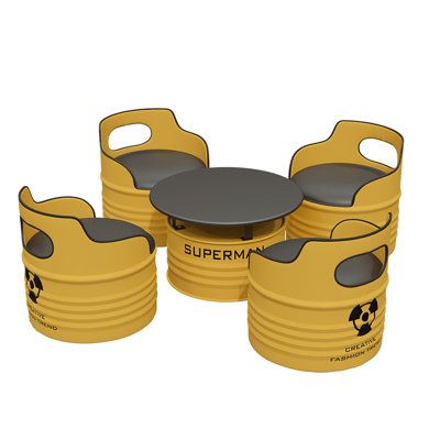 three yellow plastic barrels with black lids and one has a round table top in the middle