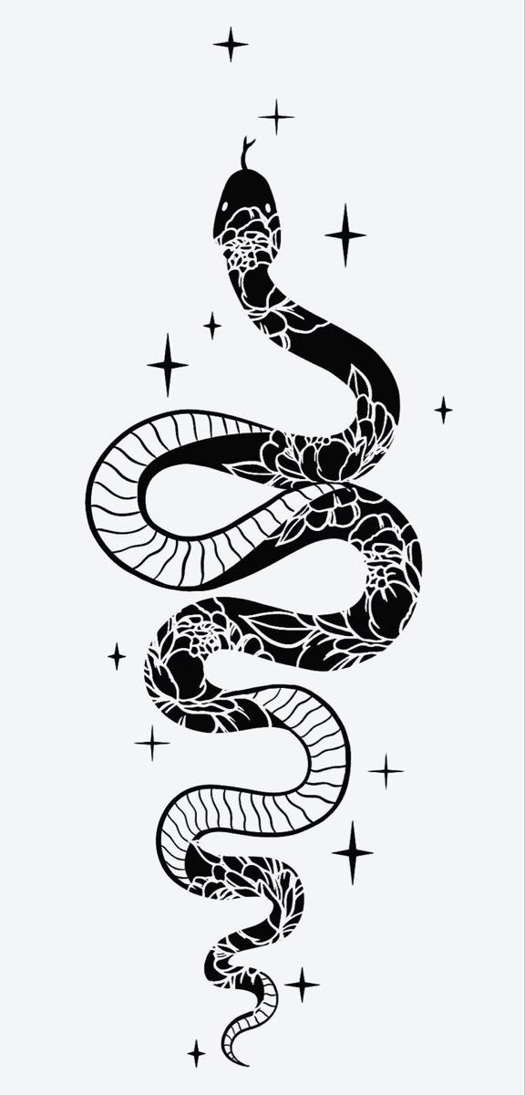 a black and white drawing of a snake with stars on it's back, in the shape of a spiral