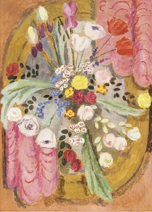 a painting of flowers in vases on a table with other items around it and an orange background