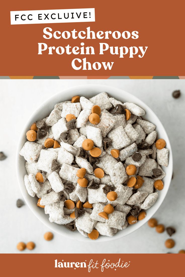 a white bowl filled with dog treats on top of a table next to chocolate chips