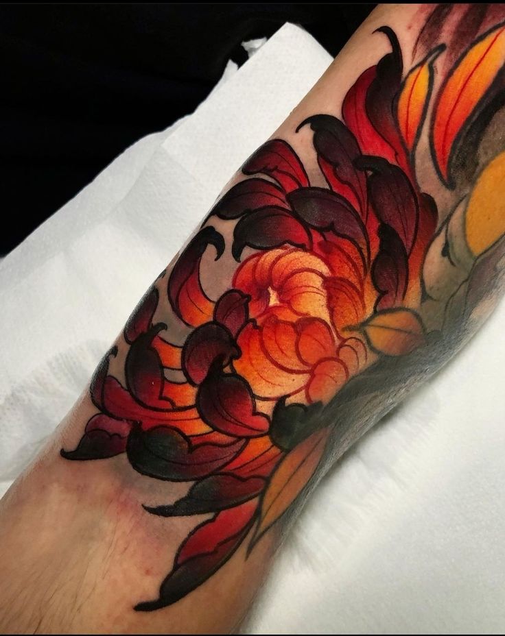 a close up of a person's arm with flowers on it