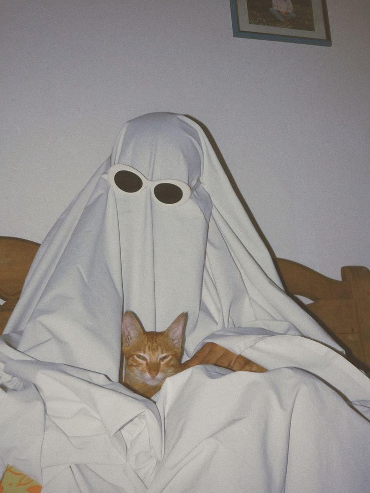 a cat hiding under a blanket with a ghost mask on it