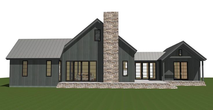 this is an artist's rendering of a modern farmhouse style home with stone accents