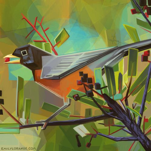 an abstract painting of a bird perched on a tree branch