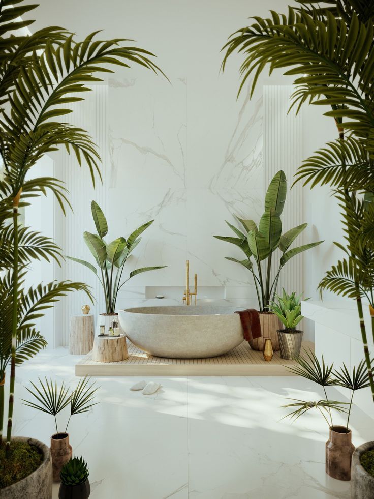 there is a bathtub surrounded by plants and potted trees in the bathroom area