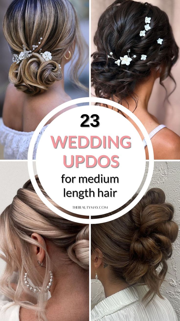 23 Wedding Updos for Medium Length Hair Wedding Updos Medium Hair, Updos For Shoulder Length Hair Wedding, Medium Hair Styles For Weddings, Medium Length Updo Bridesmaid, Simple Wedding Updos For Medium Hair, Bridesmaid Hairstyles Medium Length Updo, Updos For Medium Length Hair Wedding, Medium Length Hair Bridesmaid, Brides Hairstyles Medium Length