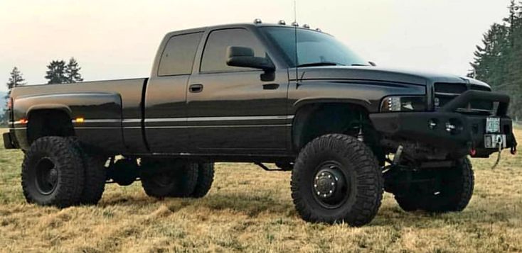 a large black truck parked on top of a grass covered field