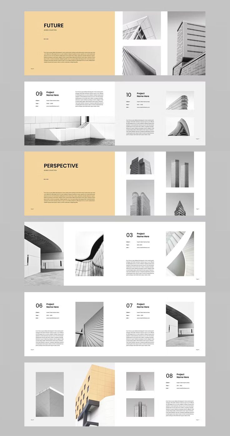 the layout for an architecture presentation is shown in white and yellow tones, with black accents