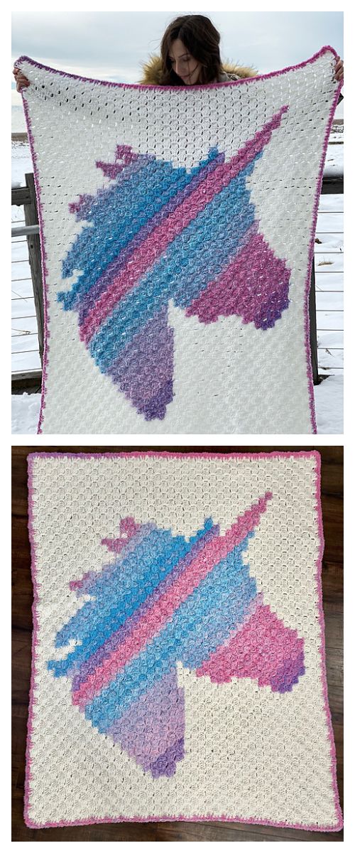 two pictures of a woman holding up a crocheted unicorn pillow with pink and blue stripes