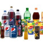 many different types of sodas and beverages are arranged in a row on a white background