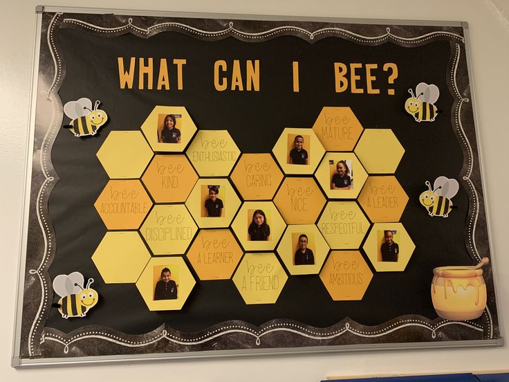 a bulletin board with bees and honeycombs on it that says what can i bee?