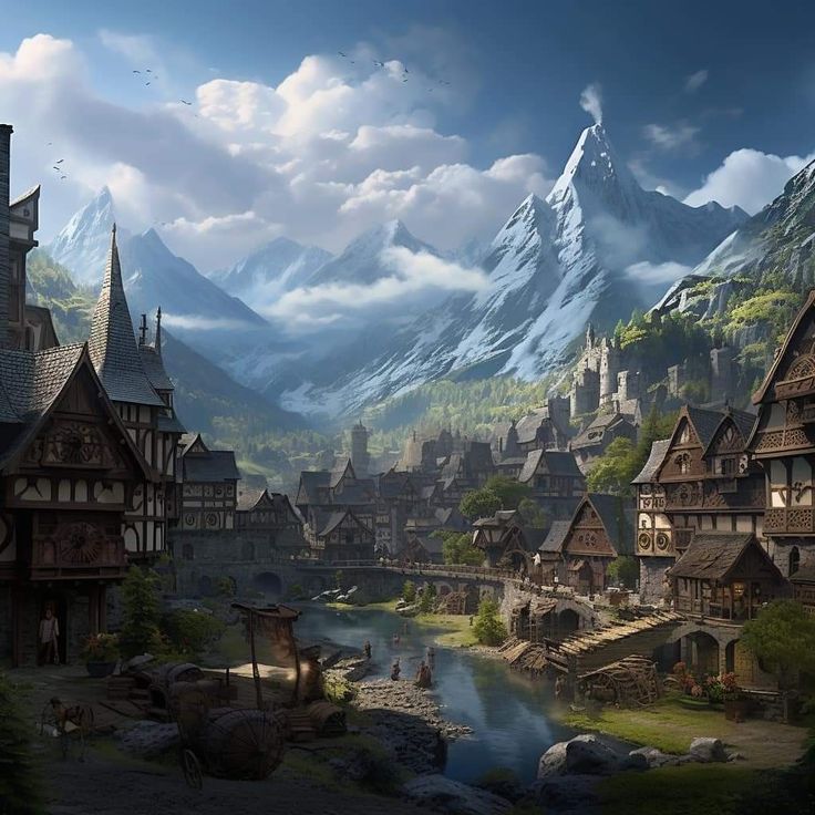 an image of a fantasy village with mountains in the background