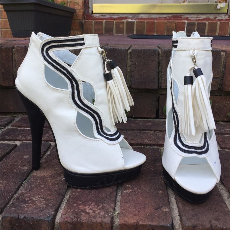 Last Pair, Unused Open Toe Platform Heels. White Platform Boots With Pointed Toe And Reinforced Heel, Chic White Ankle-high Platform Boots, White Fitted Ankle-high Platform Boots, White High-top Heeled Boots With Reinforced Heel, White Mid-calf High Heel Boots With Reinforced Heel, Shoe Ideas, Timberlands, Shoe Fits, Leather Tassel