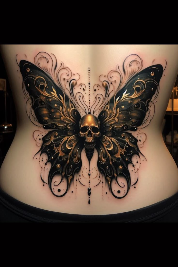 a woman's stomach with a butterfly tattoo on it, and an intricate design