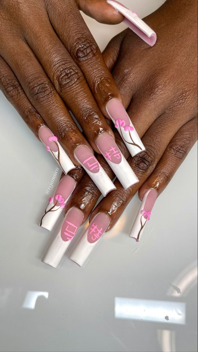 nails acrylic nails long acrylic nails japanese cherry blossom nails french tips Japanese Style Acrylic Nails, Japanese Blossom Nails, Tokyo Inspired Nails, Tokyo Nails Design, Cherry Blossom Nails Acrylic, Blossom Nails, Japan Nails Design, Sakura Nails Design, Japan Nails Design Tokyo