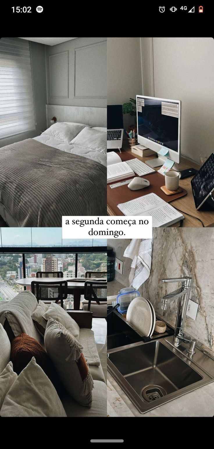 there is a collage of photos showing different things in the room, including a bed and desk