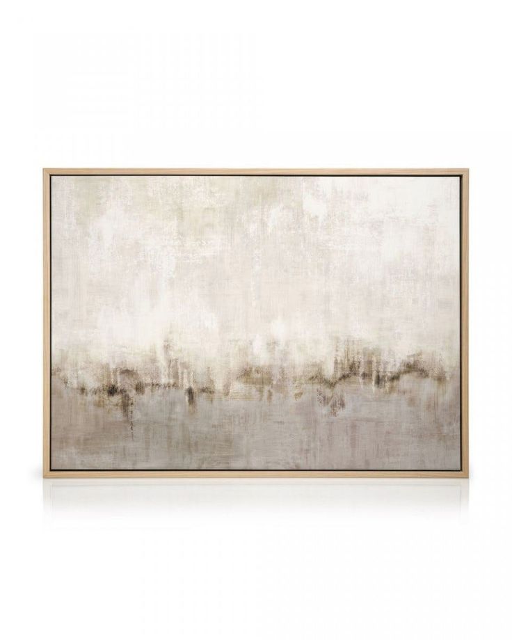 an abstract painting with white and grey tones on the wall, in front of a white background