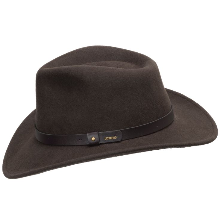 This genuine wool felt hat is trimmed with a genuine leather band. Packable, lightweight with water repellent. It's rugged enough to be folded, stuffed, and then shaken back into its original shape. (Happens to the best of us.) You can wear it with anything - shorts, jeans, formal or informal occasions, and even a business suit. Made in the USA. Material: 100% WoolBrim: 3"Crown: 4 3/8" teardropHatband: 3/4" leatherClimate: Cold Hand-finished in the US. Brown Leather Fedora For Winter, Classic Leather Hat For Winter, Classic Leather Winter Hat, Classic Brown Hat With Leather Sweatband, Winter Leather Short Brim Felt Hat, Classic Leather Hat Bands For Winter, Winter Leather Felt Hat With Short Brim, Leather Hat Bands With Short Brim For Winter, Winter Brown Fur Felt Hat Band