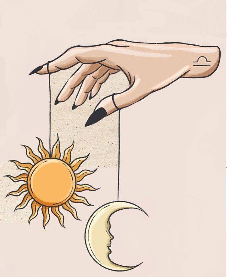 a drawing of a hand reaching for the sun and moon