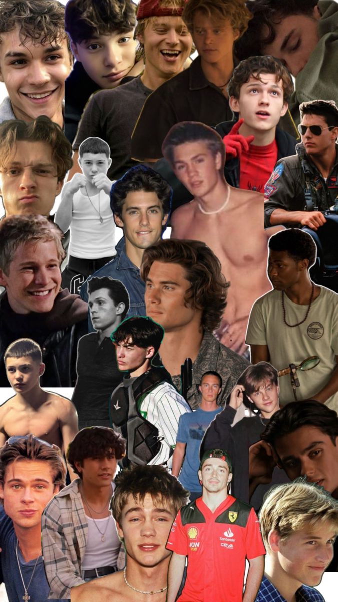 a collage of young men with different facial expressions and haircuts, including one man's shirtless torso