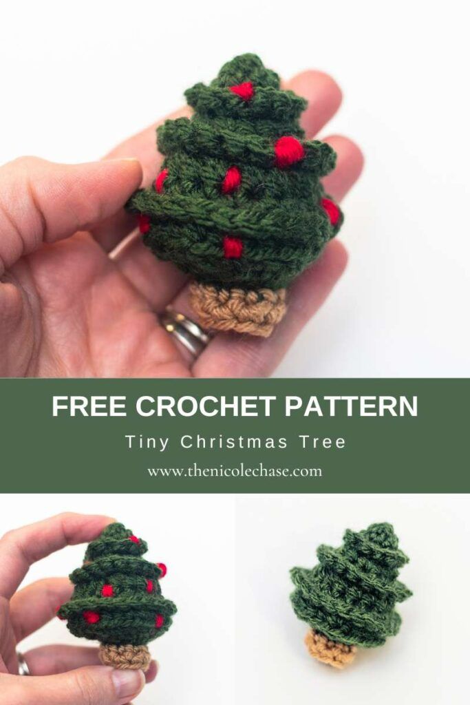 crocheted christmas tree ornament in the palm of someone's hand