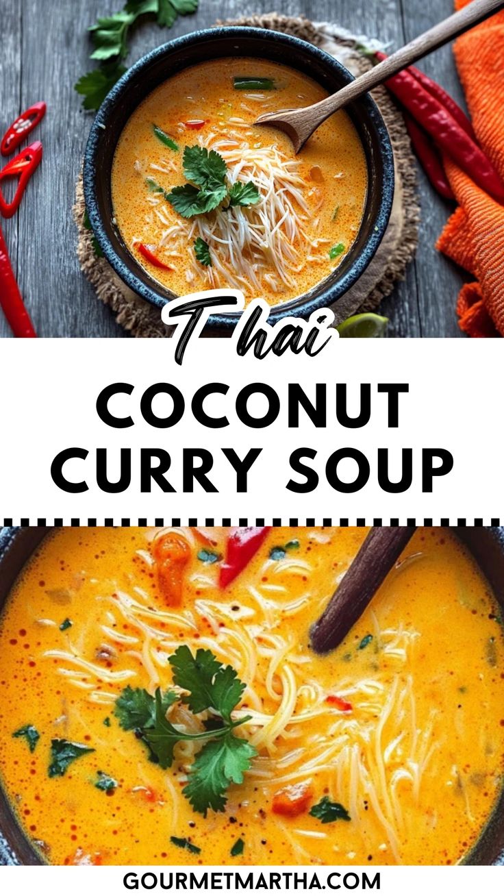 thai coconut curry soup in a bowl with chopsticks and garnishes