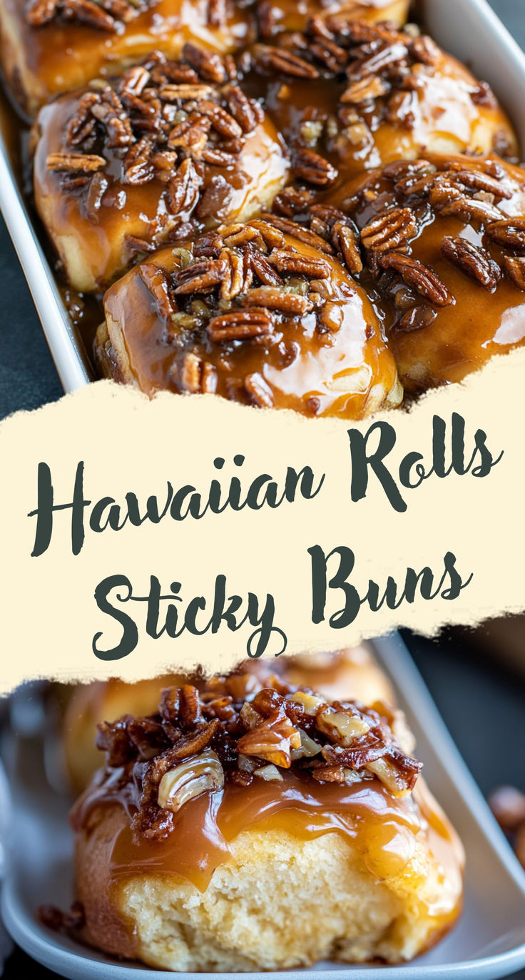 A close-up of gooey sticky buns made from Hawaiian rolls, covered in caramel sauce and topped with chopped pecans. Kings Hawaiian Sweet Rolls, Easy Sticky Buns Recipes, Hawaiian Rolls Cinnamon Buns, Sticky Bun Cake, Dinner Recipes Using Hawaiian Sweet Rolls, Hawaiian Rolls Dessert, Sweet Rolls Recipe Sticky Buns, Hawaiian Roll Sticky Buns, Sweet Hawaiian Rolls Recipe