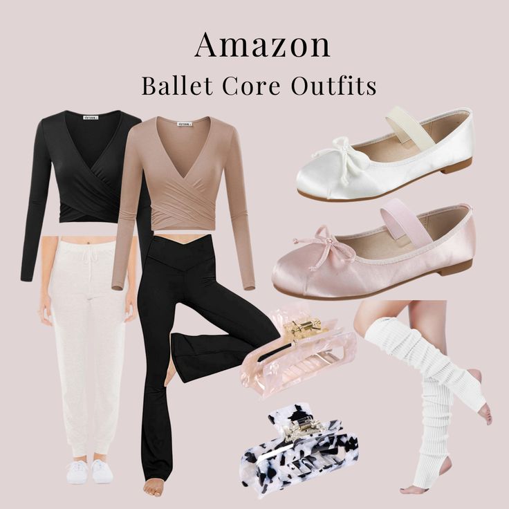 an image of ballet clothes and shoes with text that reads, amazon ballet core outfits