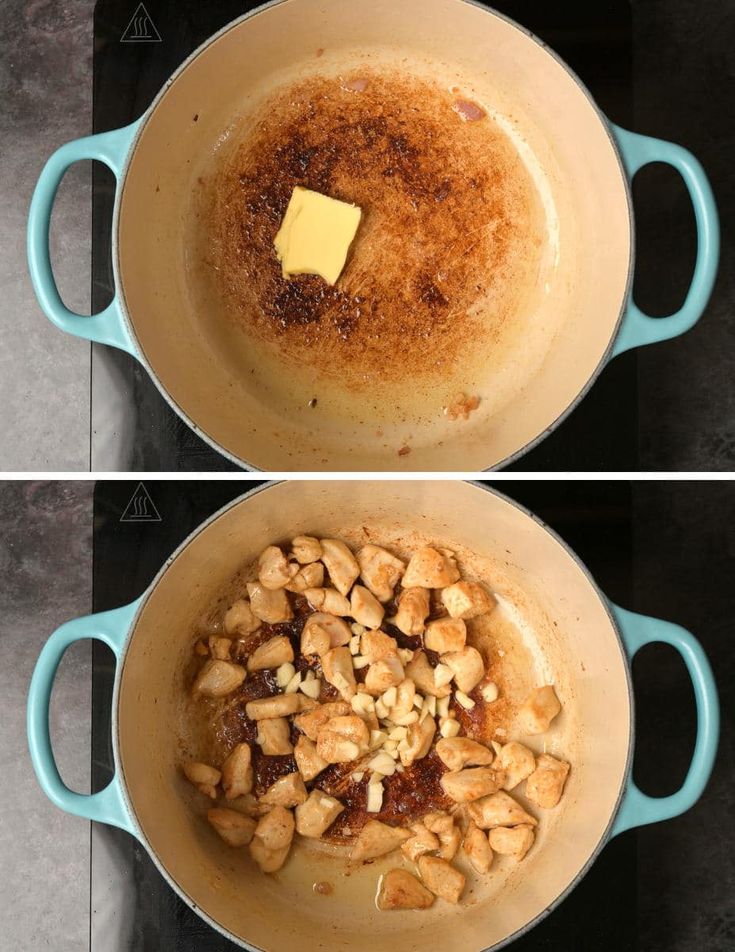 two pictures showing the process of cooking food in a pot with butter on top and bottom