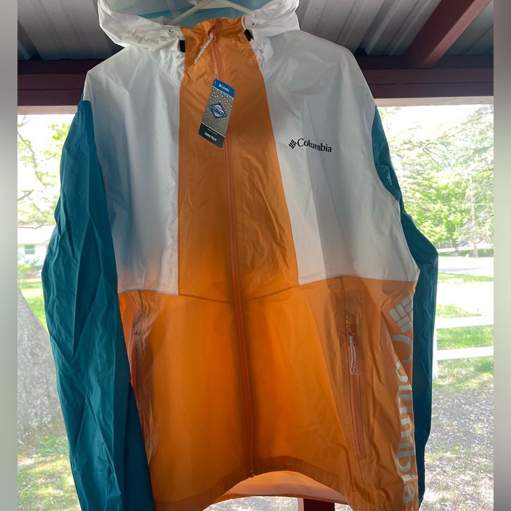 Columbia Inner Limits Rain Jacket- Omni- Tech, Multi Colored- Blue,Orange,White Nwt Multicolor Fall Hiking Outerwear, Multicolor Fall Outerwear For Hiking, Multicolor Long Sleeve Outerwear For Hiking, Orange Windbreaker With Pockets For Fall, Orange Fall Windbreaker With Pockets, Casual Orange Windbreaker For Outdoor, White Fall Hiking Outerwear, White Hiking Outerwear For Fall, White Outerwear For Fall Hiking