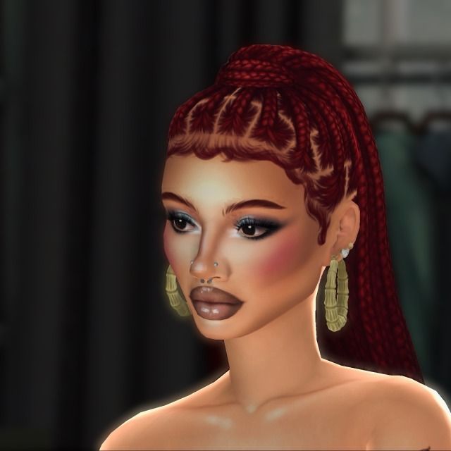 an animated image of a woman with red hair and large earrings on her head, wearing gold hoop earrings