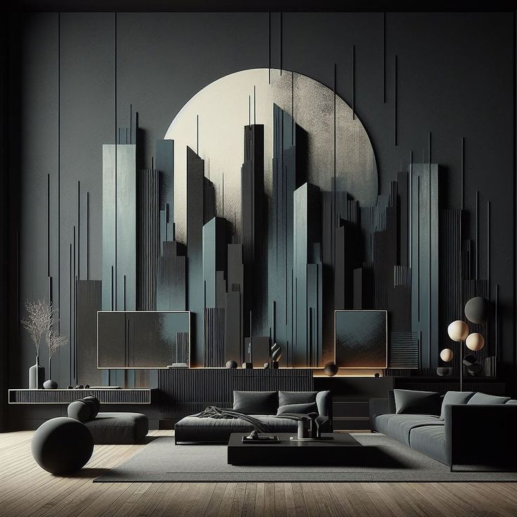 the living room is decorated in black and grey tones with an abstract cityscape on the wall