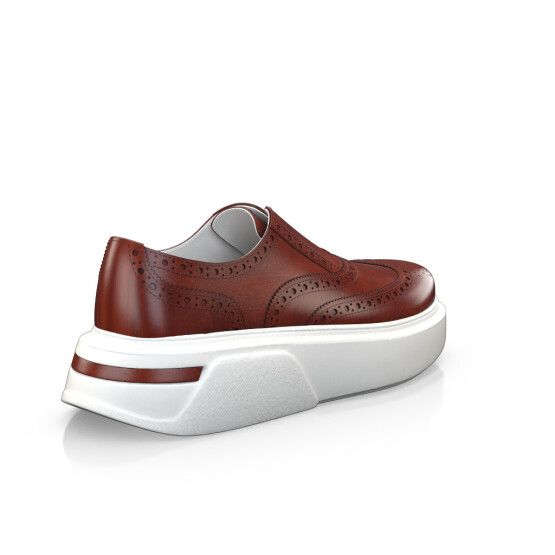 Casual Leather Oxfords With White Sole, Slip-on Low-top Oxfords With Stitched Sole, Modern Low-top Sneakers With Brogue Detailing, Brown Low-top Loafers With Contrast Sole, Slip-on Brogue Leather Low-top Shoes, Slip-on Low-top Leather Shoes With Brogue Detailing, Leather Wingtip Loafers With Branded Insole, Leather Slip-on Oxfords With Brogue Detailing, Modern Custom Sneakers With Stitched Sole And Round Toe