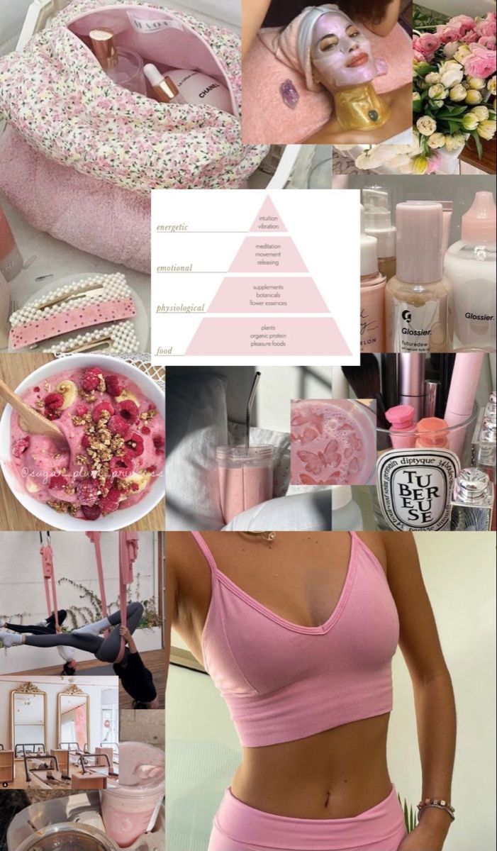 A photo collage with various images with pink elements. Each image is focused on self care. Pink Princess Aesthetic, Pink Pilates Princess, Girls Things, Pink Lifestyle, Pretty Pink Princess, Pink Pilates, Pink Workout, Pilates Princess, Pink Life