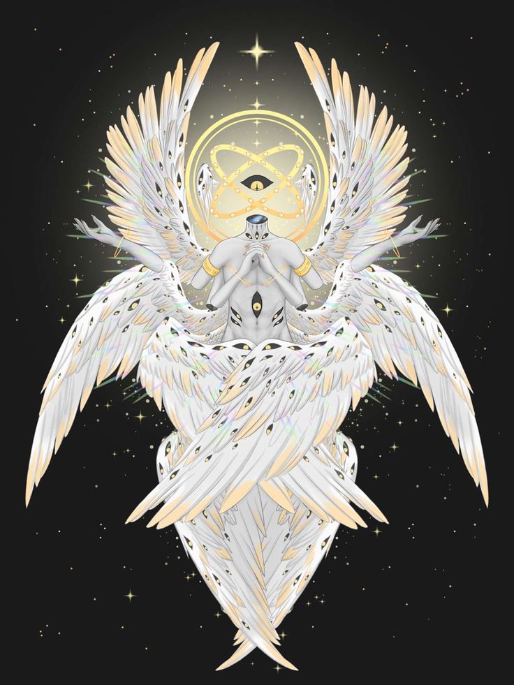 an angel with white wings and gold halos in the center on a black background