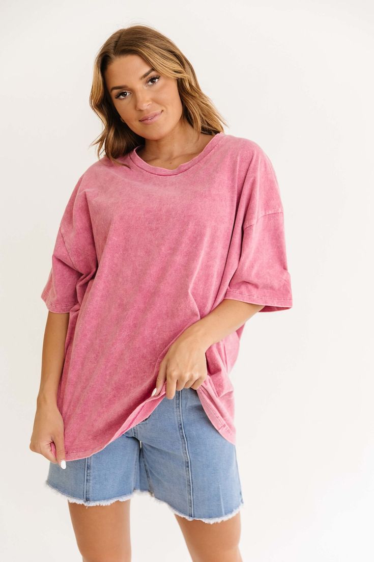 Beckam acid wash Tee in Pink Pink Distressed Casual T-shirt, Casual Pink Distressed T-shirt, Oversized Faded Washed T-shirt, Pink Distressed Cotton Tops, Soft-washed Acid Wash Cotton Top, Trendy Faded Bleached Top, Trendy Bleached Faded Top, Faded Relaxed Fit Pre-washed Tops, Relaxed Fit Acid Wash Tops