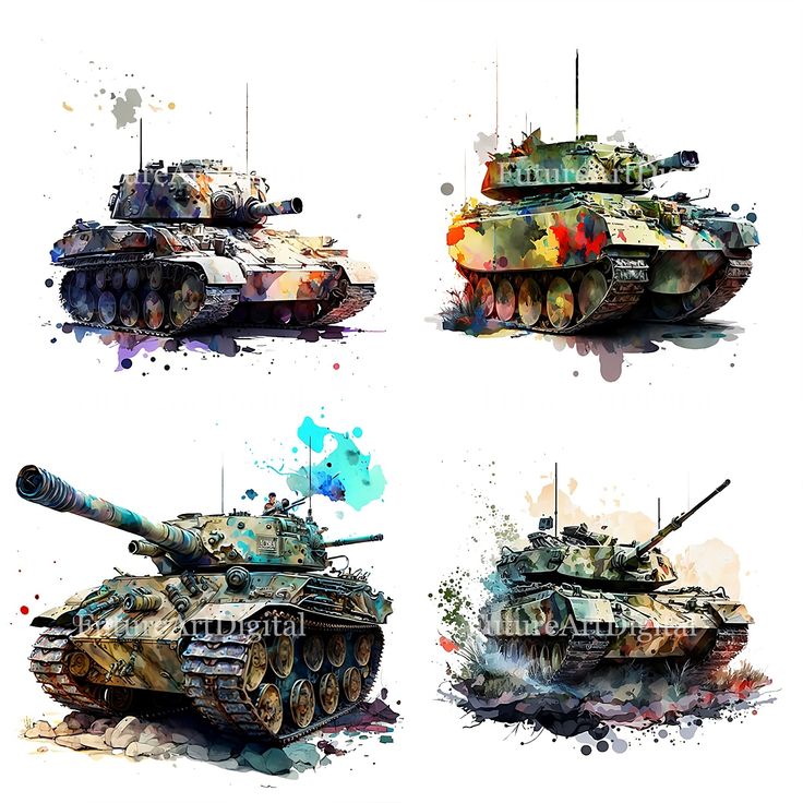 four different tanks painted in watercolors on a white background, each with an image of the same tank