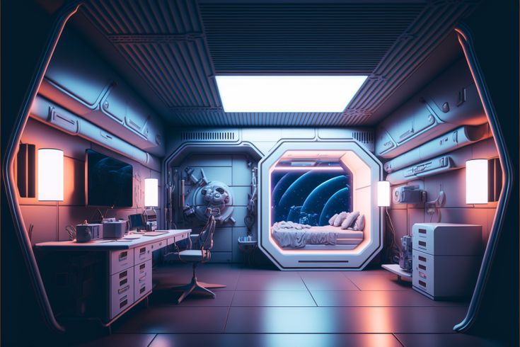 a sci - fi room with a bed and desk in it