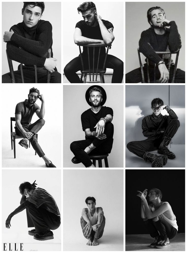 black and white photos of men sitting in chairs with their hands on their hipss