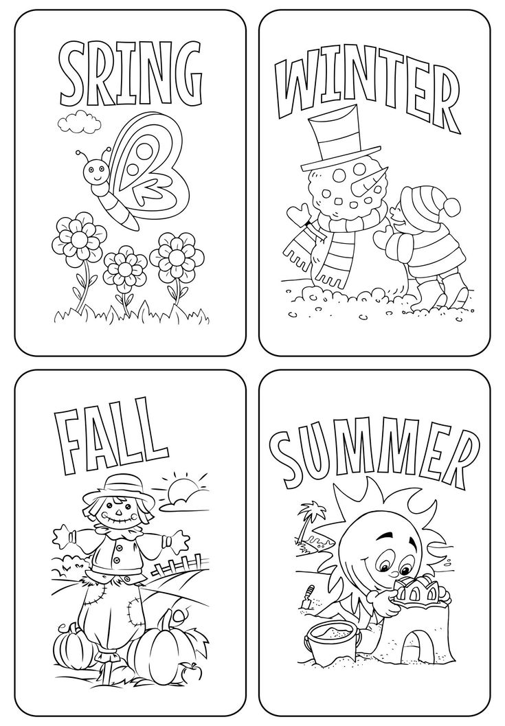 four coloring pages with the words spring, fall and winter written in black on them