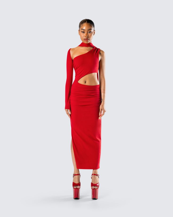 CAUTION: hawt!! 🔥 Set their hearts ablaze in this red midi dress made from stretch jersey fabric, and complete with a one sleeve design, an asymmetrical hemline, cutouts, and a sleek bodycon fit ❤️ Fitted Asymmetrical Midi Dress With Cutout, Asymmetrical Cutout Midi Dress For Night Out, Asymmetrical Bodycon Dress With Cutout, Asymmetrical Cutout Bodycon Dress, Fitted One-shoulder Midi Dress With Cutout, Asymmetrical Hem Cutout Midi Dress For Night Out, Cutout Midi Dress With Asymmetrical Hem For Night Out, Asymmetrical Neckline Midi Dress With Cutout For Date Night, Asymmetrical Neckline Bodycon Dress With Cutout