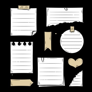 a set of paper and note papers on a white background with clippings for notes